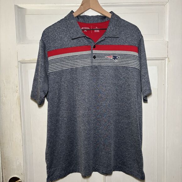 New England Patriots Antigua Logo Polo Shirt Men XL Gray Red Stripe Performance - Picture 5 of 8